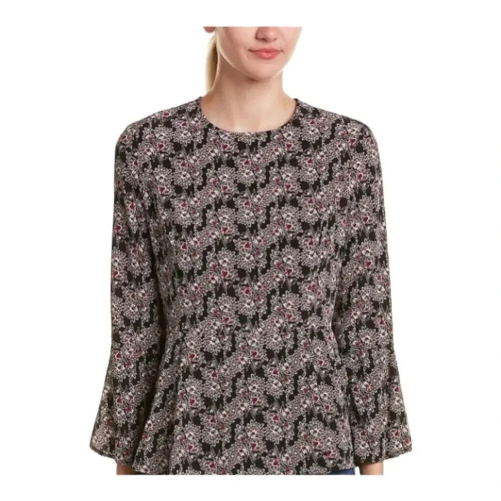 Derek Lam 10 Crosby 100% Silk Floral Peplum Bell Sleeve Blouse Sz 4
